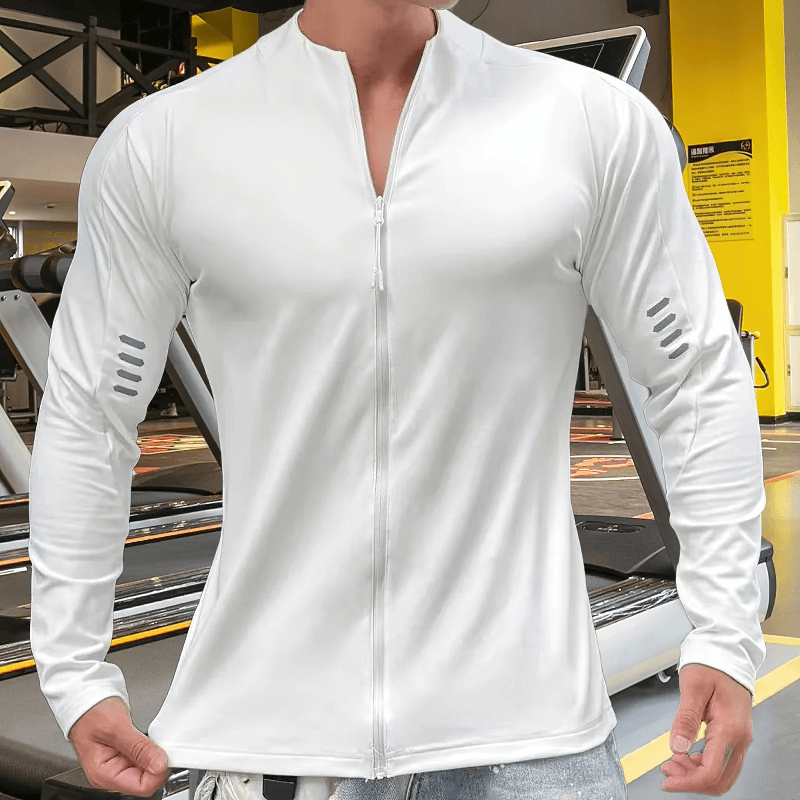 Male model wearing Athletic Long Sleeves Zip-Up Running Jacket SF1936 in gym setting.